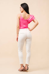 Asymmetrical pink ruffle bodysuit